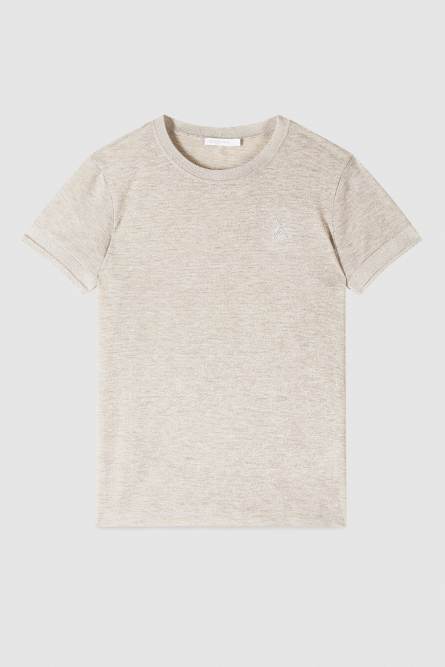Knit T-Shirt with strass logo detail, Beige, Patrizia Pepe
