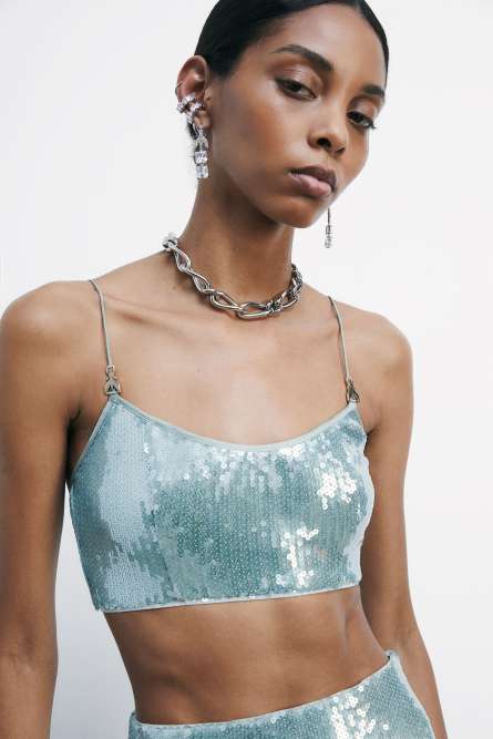 Crop top con paillettes in tulle, Azzurro, Patrizia Pepe