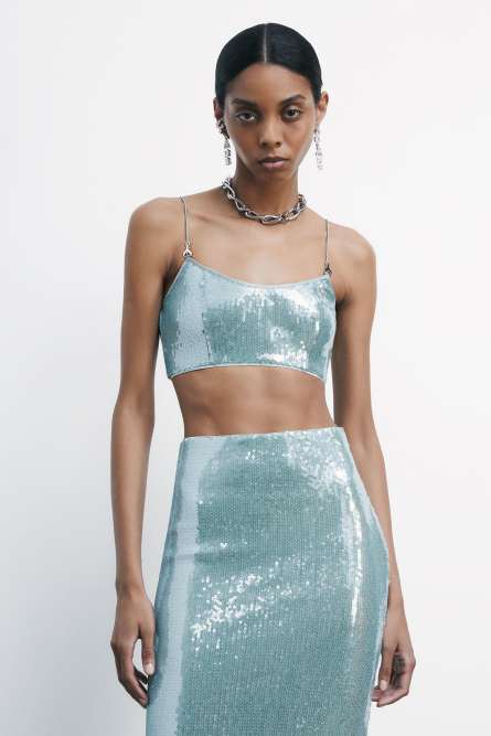 Crop top con paillettes in tulle, Azzurro, Patrizia Pepe