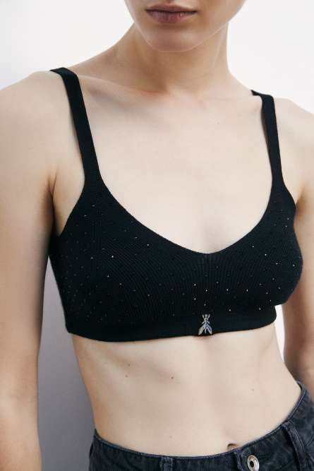 Knit bra top with rhinestones, Black, Patrizia Pepe