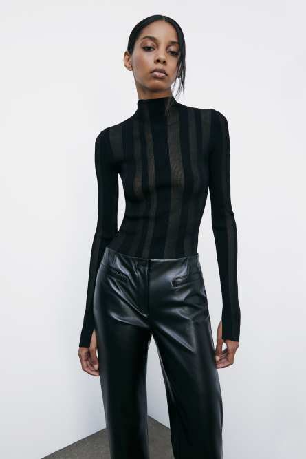 Crew-neck sweater with ribbing and transparencies, Black, Patrizia Pepe