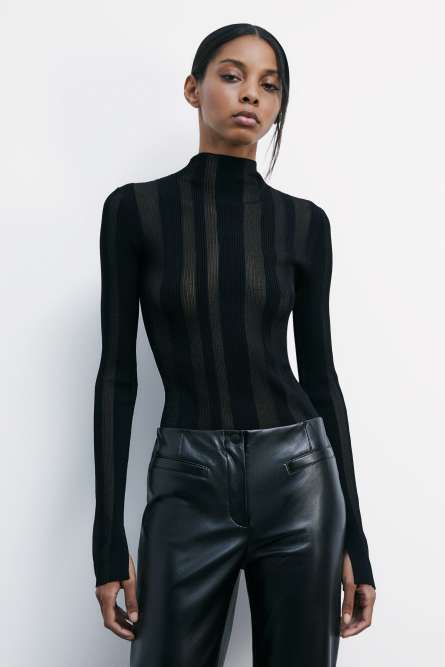 Crew-neck sweater with ribbing and transparencies, Black, Patrizia Pepe