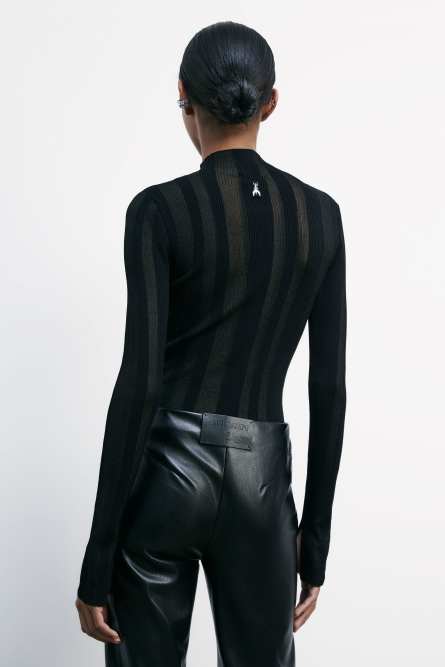 Crew-neck sweater with ribbing and transparencies, Black, Patrizia Pepe