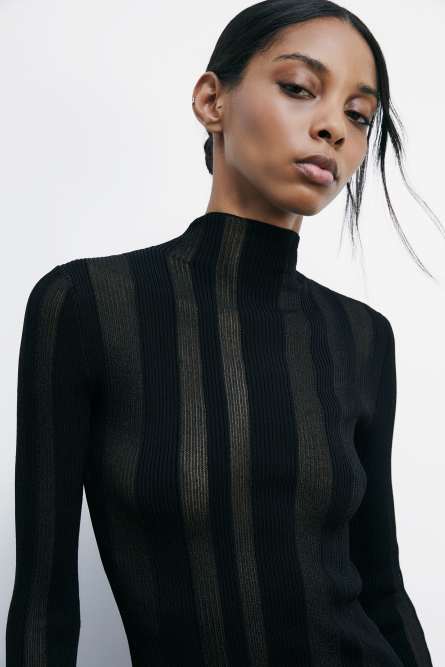 Crew-neck sweater with ribbing and transparencies, Black, Patrizia Pepe