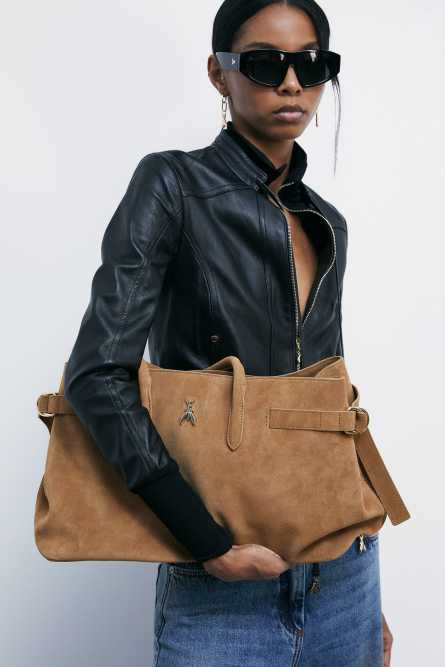 New Business handbag large in suede leather, Beige, Patrizia Pepe