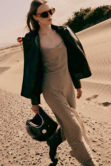 Long dress with deep neckline and studs, Beige, Patrizia Pepe