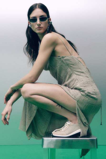 Long dress with deep neckline and studs, Beige, Patrizia Pepe