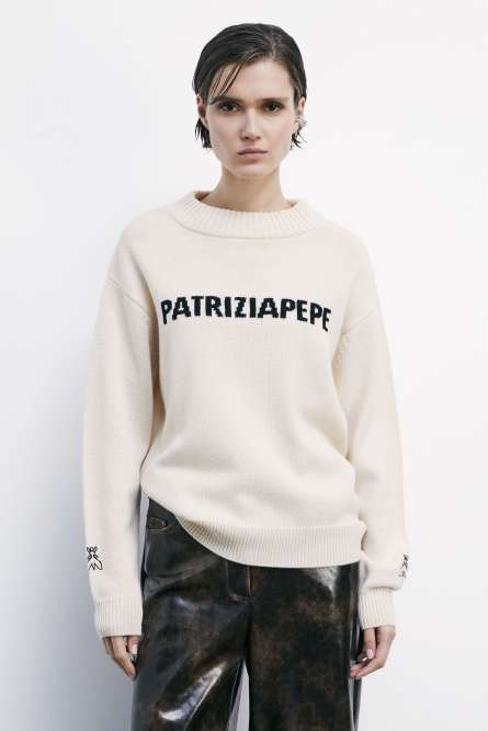 Jersey de cuello redondo con logo, Beige