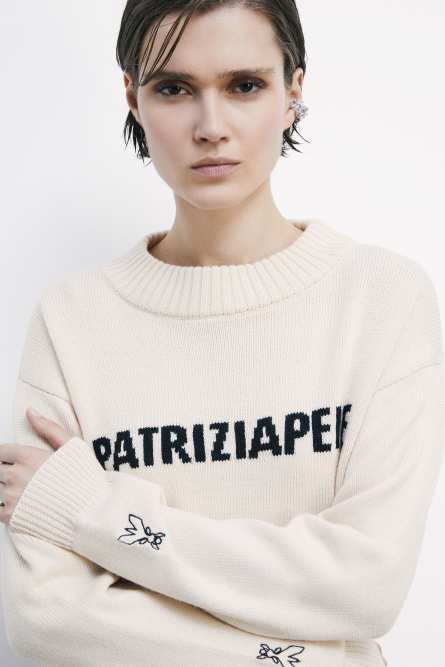 Jersey de cuello redondo con logo, Beige