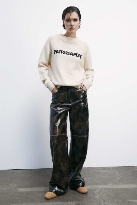 Jersey de cuello redondo con logo, Beige