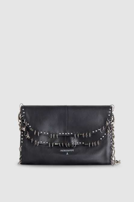 Leather shoulder bag with studs and appliqués, Black, Patrizia Pepe