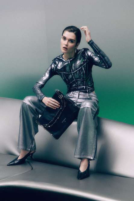 Leather shoulder bag with studs and appliqués, Black, Patrizia Pepe