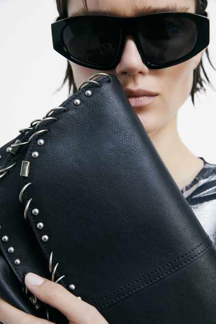 Leather shoulder bag with studs and appliqués, Black, Patrizia Pepe