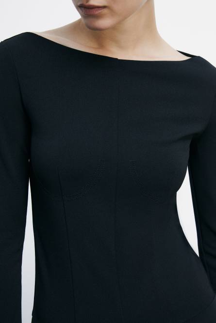 Stretch corset bodysuit with long sleeves, Black, Patrizia Pepe