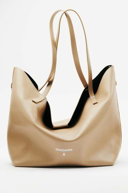 Never Complete shopping bag in hammered leather, Beige, Patrizia Pepe