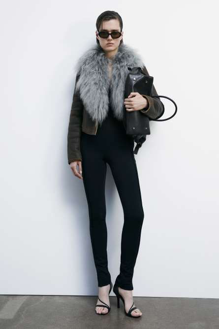 Cropped sheepskin leather jacket, Brown, Patrizia Pepe