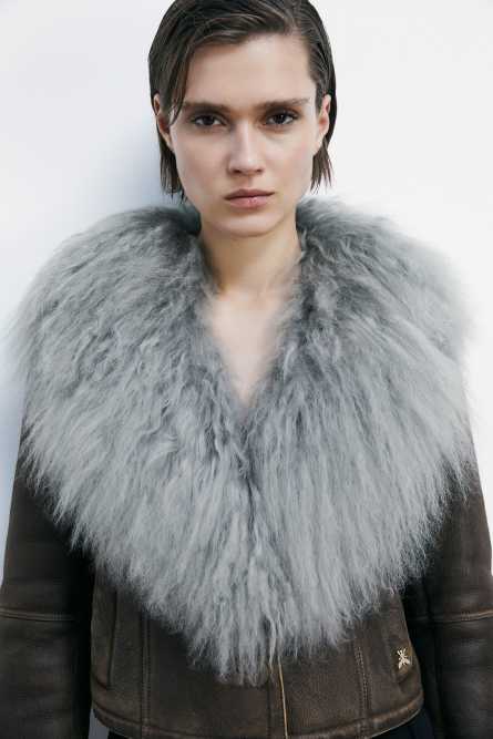 Cropped sheepskin leather jacket, Brown, Patrizia Pepe