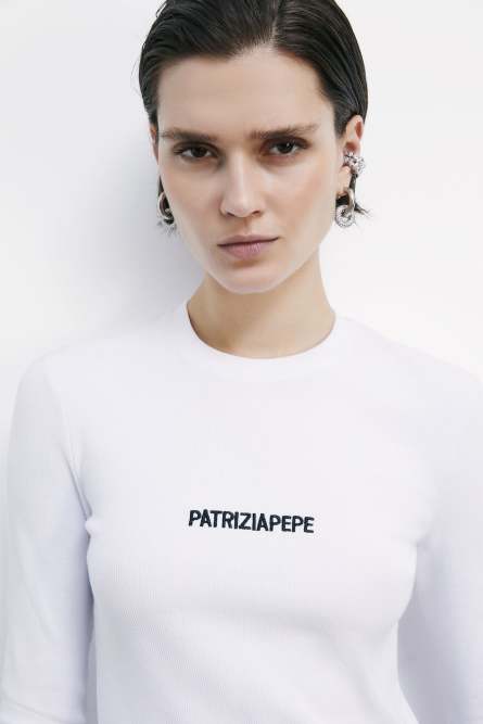 Long-sleeved ribbed top with logo, White, Patrizia Pepe