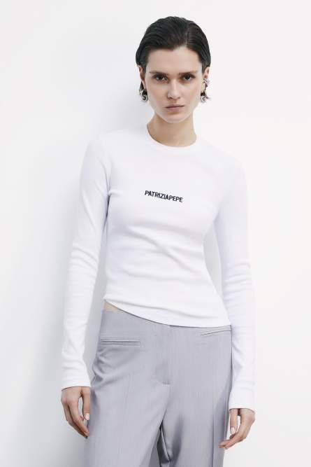 Long-sleeved ribbed top with logo, White, Patrizia Pepe