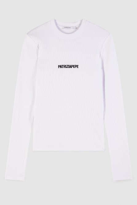 Long-sleeved ribbed top with logo, White, Patrizia Pepe