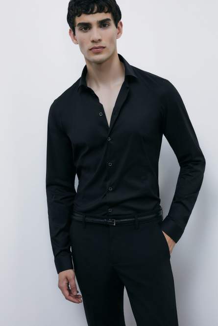 &quot;ESSENTIAL&quot; slim fit poplin shirt, Black, Patrizia Pepe