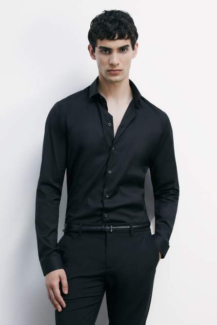 &quot;ESSENTIAL&quot; slim fit poplin shirt, Black, Patrizia Pepe