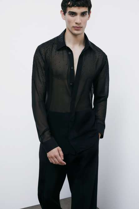 Lightweight flowing shirt with rhinestones, Black, Patrizia Pepe