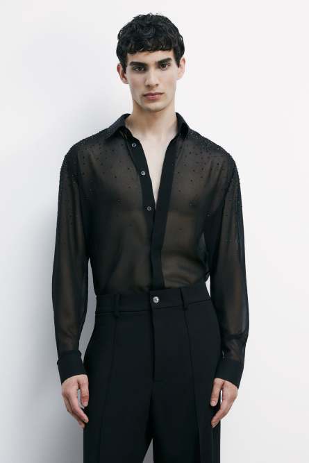 Lightweight flowing shirt with rhinestones, Black, Patrizia Pepe