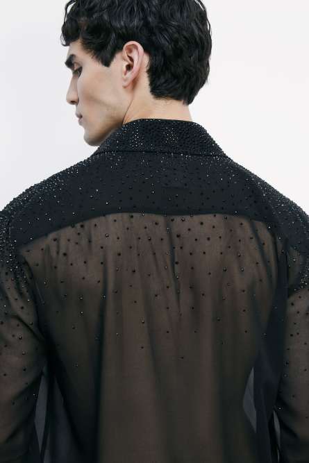 Lightweight flowing shirt with rhinestones, Black, Patrizia Pepe