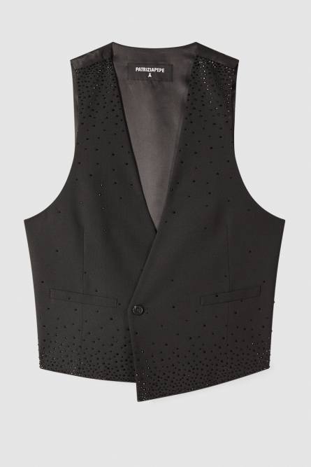 ジャケット・アウター Eaphi / asymmetry wool belt vest Asymmetrical vest in cool wool with rhinestones | Black