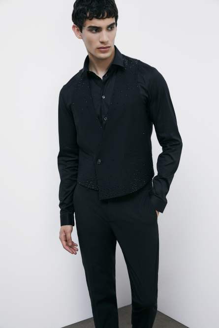Asymmetrical vest in cool wool with rhinestones | Black
