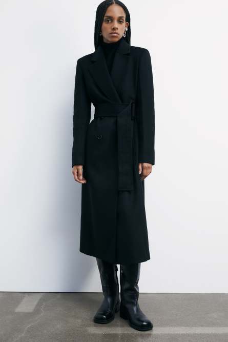 &quot;ESSENTIAL&quot; long coat with belt, Black, Patrizia Pepe