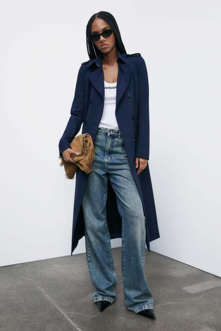 Trench coat with buckle made of bielastic nylon, Blue, Patrizia Pepe