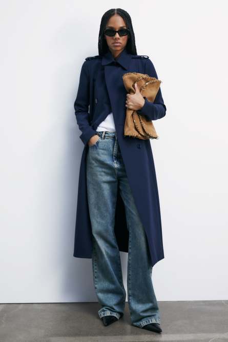Trench coat with buckle made of bielastic nylon, Blue, Patrizia Pepe