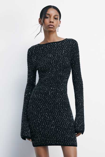 Mini knit dress with sequins, Black, Patrizia Pepe