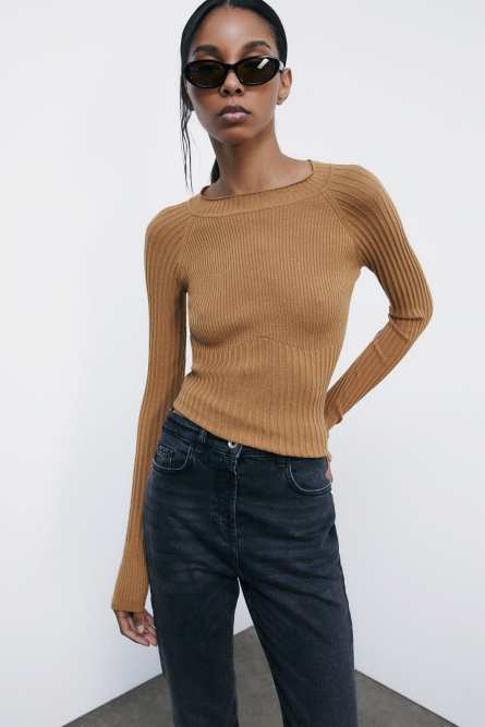 &quot;ESSENTIAL&quot; ribbed fitted sweater, Beige, Patrizia Pepe