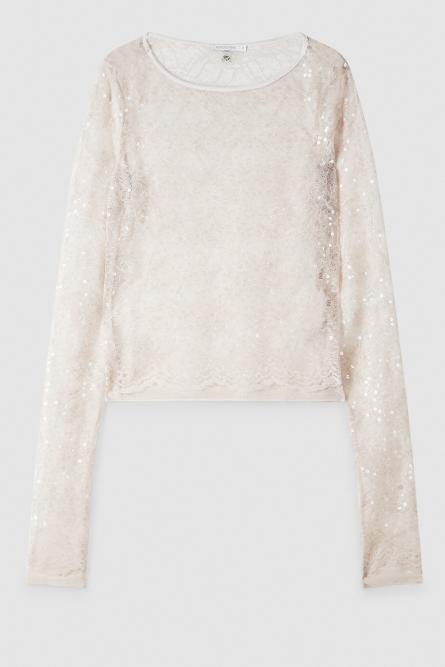 Long-sleeved lace top with sequins, White, Patrizia Pepe