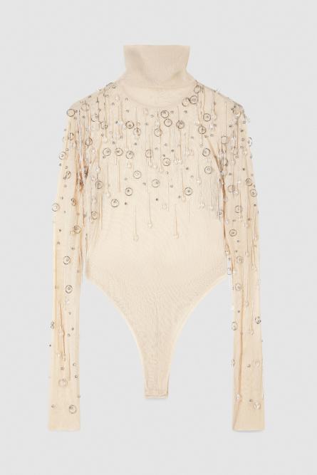 Боди с бижутерией из тюля, Бежевый, Patrizia Pepe