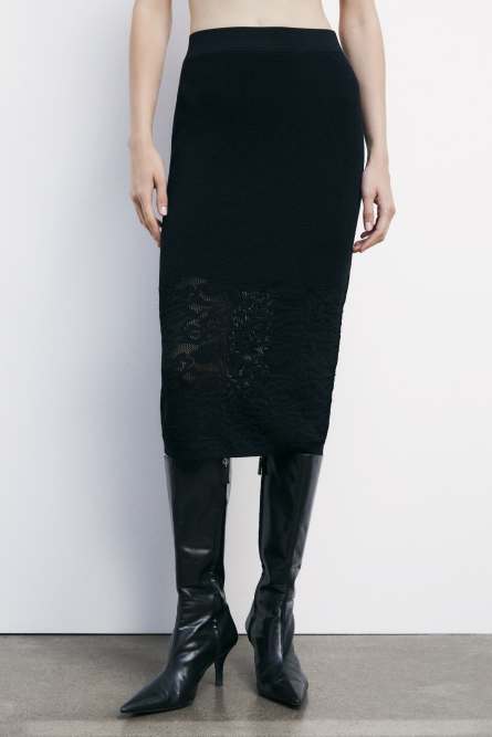 Lace-effect knit midi skirt, Black, Patrizia Pepe