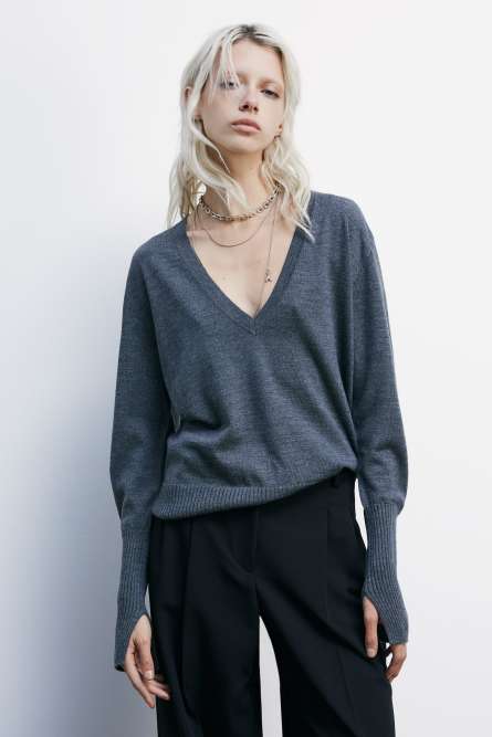 Wool &quot;V&quot; neck sweater, Grey, Patrizia Pepe