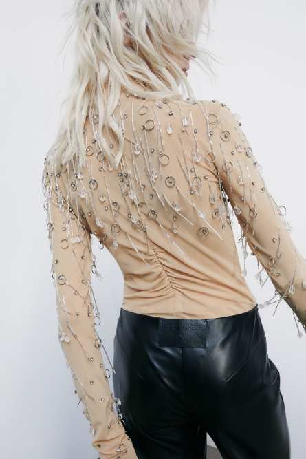 Боди с бижутерией из тюля, Бежевый, Patrizia Pepe