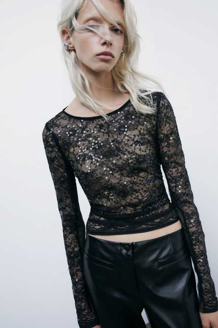 Long-sleeved lace top with sequins, Black, Patrizia Pepe