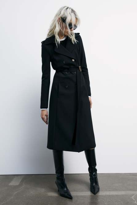 Trench coat with buckle made of bielastic nylon, Black, Patrizia Pepe