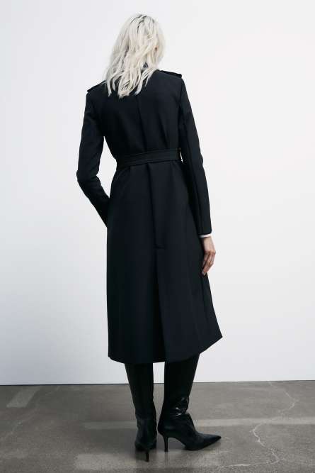 Trench coat with buckle made of bielastic nylon, Black, Patrizia Pepe