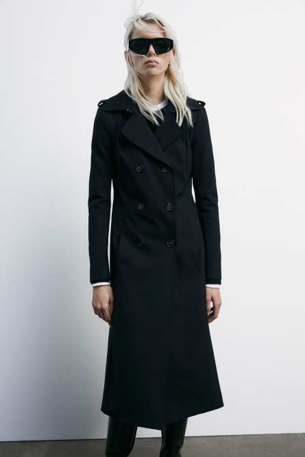 Trench coat with buckle made of bielastic nylon, Black, Patrizia Pepe