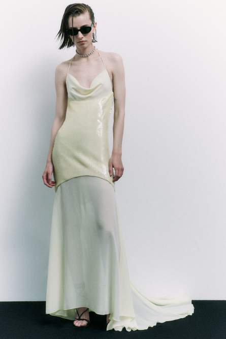Long asymmetrical sequined dress, Yellow, Patrizia Pepe