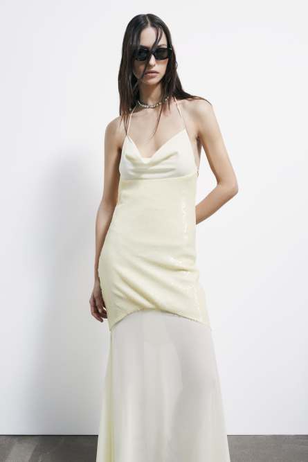 Long asymmetrical sequined dress, Yellow, Patrizia Pepe