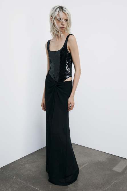 Long bustier dress with sequins, Black, Patrizia Pepe