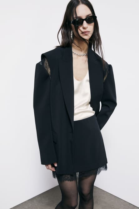 Crepe miniskirt with lace, Black, Patrizia Pepe