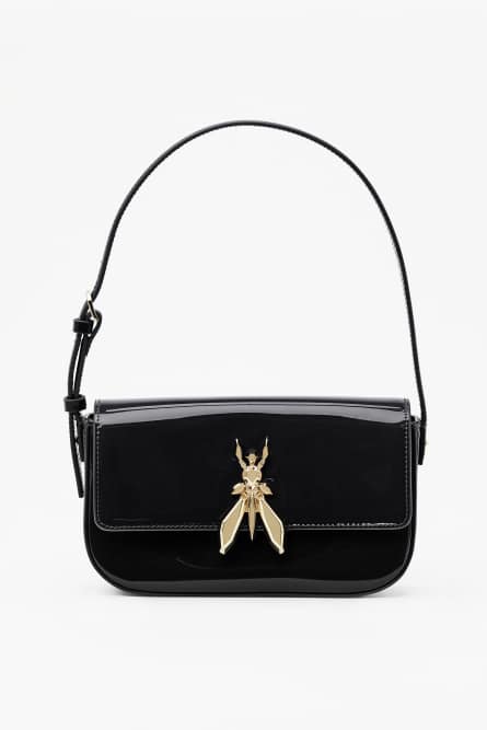 &quot;ESSENTIAL&quot; Fly Schultertasche aus glänzendem Leder, Schwarz, Patrizia Pepe